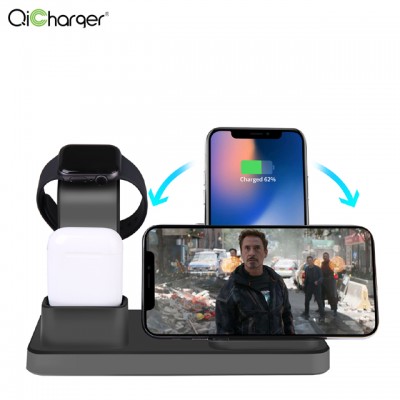 Factory Supply 3 In 1 Qi 10W Fast Charge Wireless Charger Stand Wireless Charging Station for Mobile / Watch / Earphone